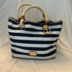 Michael Kors Navy and White Striped Canvas Tote Bag